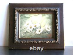 Petite Peinture 1F Huile sur panneau 1896 décor Fleurs Cadre Bois doré Ancien