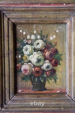 Petite peinture ancienne fleurs dans un cadre en bois doré