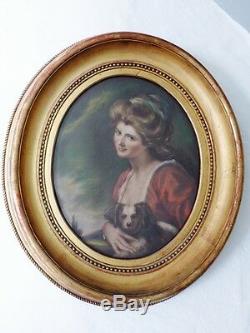 Portrait Au Pastel d'Une Jeune Femme Et Son Chien, Cadre Ovale En Bois Doré XIX
