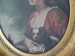 Portrait Au Pastel d'Une Jeune Femme Et Son Chien, Cadre Ovale En Bois Doré XIX