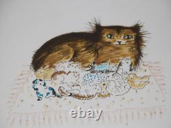 Rare Lithographie Léonor Fini cats 12 CHATS signée 90/230 cadre bois doré 1970