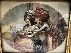 Rare miniature sur soie, Lithographie du XVIIIe, cadre, bois doré, signé