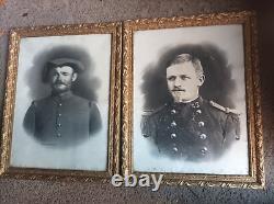 Rare paire de cadres en bois et stucs dorés + photos militaires 1914/1918