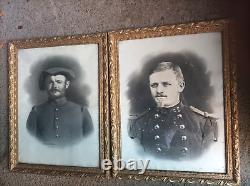 Rare paire de cadres en bois et stucs dorés + photos militaires 1914/1918