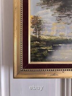 S. ARAKELIAN (XXeme) huile sur toile Paysage lacustre cadre bois doré et velour