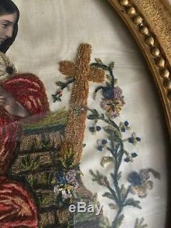 STE MADELEINE Broderie XVIIIè Cadre Bois Doré Georgian French 18th C Embroidery