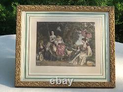 Superbe Gravure ancienne Cadre d'origine Bois stuc doré Lithographie couleur