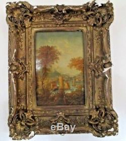 Superbe huile sur bois ancien XIXe XVIIIe tableau rare cadre bois stuc doré