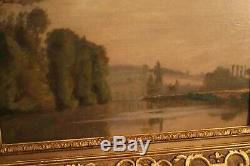 Tableau 19e paysage lacustre cadre bois et stuc doré style Régence