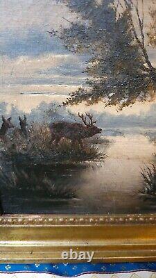 Tableau Ancien Peinture Huile Ecole de Barbizon Animaux XIXeme Cadre Bois Dore