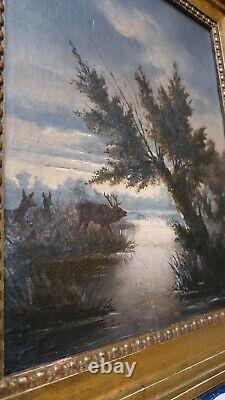 Tableau Ancien Peinture Huile Ecole de Barbizon Animaux XIXeme Cadre Bois Dore