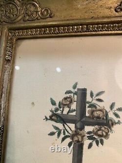 Tableau-Crucifix avec Croix Du Christ. Cadre Reliquaire Bois Sculpté Doré XIX