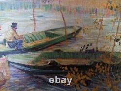 Tableau Huile Sur Toile XXe Pêcheur Barques Cadre Bois Doré