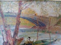 Tableau Huile Sur Toile XXe Pêcheur Barques Cadre Bois Doré