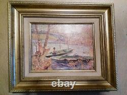 Tableau Huile Sur Toile XXe Pêcheur Barques Cadre Bois Doré