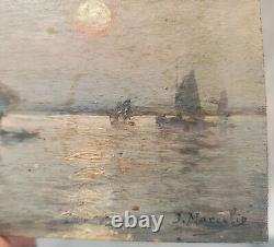 Tableau Marine Huile/panneau Bateau De Peche Signe J Marcelin Cadre Bois Dore