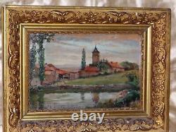 Tableau Peinture A L Huile / Bois, Campagne Cadre Bois Dore 1902