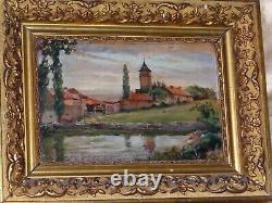 Tableau Peinture A L Huile / Bois, Campagne Cadre Bois Dore 1902