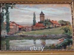 Tableau Peinture A L Huile / Bois, Campagne Cadre Bois Dore 1902