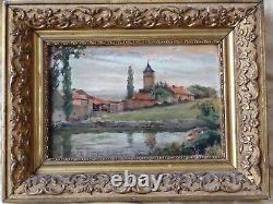 Tableau Peinture A L Huile / Bois, Campagne Cadre Bois Dore 1902