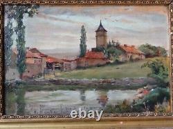 Tableau Peinture A L Huile / Bois, Campagne Cadre Bois Dore 1902