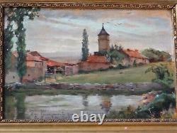 Tableau Peinture A L Huile / Bois, Campagne Cadre Bois Dore 1902