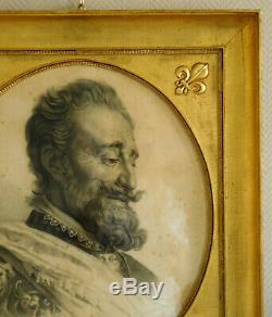 Tableau XIXe grand portrait royaliste du Roi Henri IV dans un cadre en BOIS DORE
