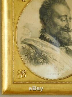 Tableau XIXe grand portrait royaliste du Roi Henri IV dans un cadre en BOIS DORE