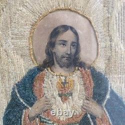 Tableau broderie religieuse Sacré Coeur de Jésus Anges XIXème siècle