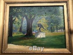 Tableau huile sur Bois, paysage, cadre doré Jardin Du Luxembourg Paris 1942