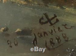 Tableau huile sur carton marine animée 1888 XIXème signé cadre bois stuc doré