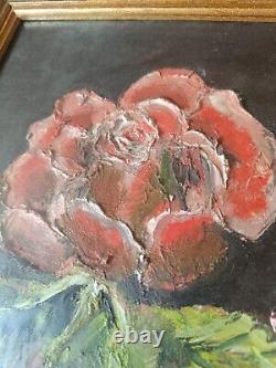 Tableau peinture huile sur bois sur cadre doré. Bouquet de rose signée GP