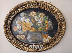 VINTAGE TABLEAU HST BOUQUET DE FLEURS CADRE DORÉ BOIS OVALE signé