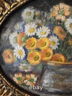 VINTAGE TABLEAU HST BOUQUET DE FLEURS CADRE DORÉ BOIS OVALE signé