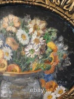 VINTAGE TABLEAU HST BOUQUET DE FLEURS CADRE DORÉ BOIS OVALE signé