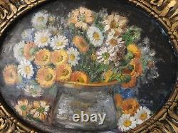 VINTAGE TABLEAU HST BOUQUET DE FLEURS CADRE DORÉ BOIS OVALE signé