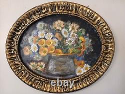 VINTAGE TABLEAU HST BOUQUET DE FLEURS CADRE DORÉ BOIS OVALE signé