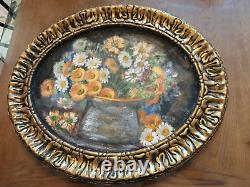 VINTAGE TABLEAU HST BOUQUET DE FLEURS CADRE DORÉ BOIS OVALE signé