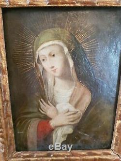 XVIII éme S, La Vierge Marie, Huile sur Cuivre, ancien cadre bois doré